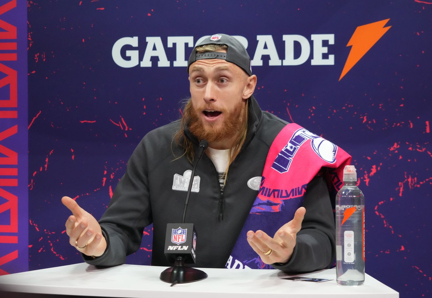 Feb 5, 2024; Las Vegas, NV, USA; San Francisco 49ers tight end George Kittle (85) during Super Bowl LVIII Opening Night at Allegiant Stadium. Mandatory Credit: Kirby Lee-USA TODAY Sports  